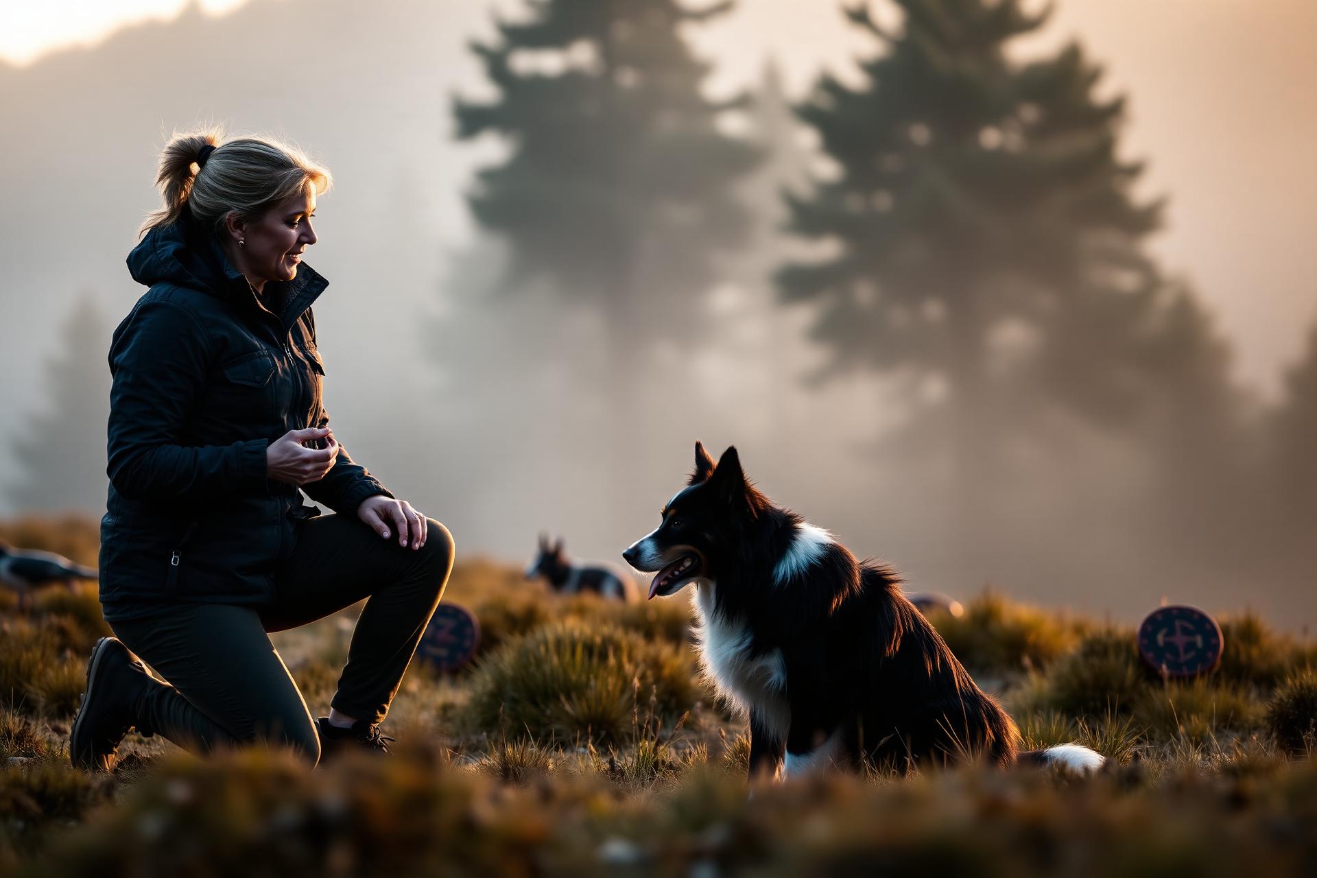 Educatore cinofilo con cane in montagna